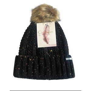 Jessica Simpson Beanie Knit Hat Womens OS Black Faux Fur Pom Pom NWT